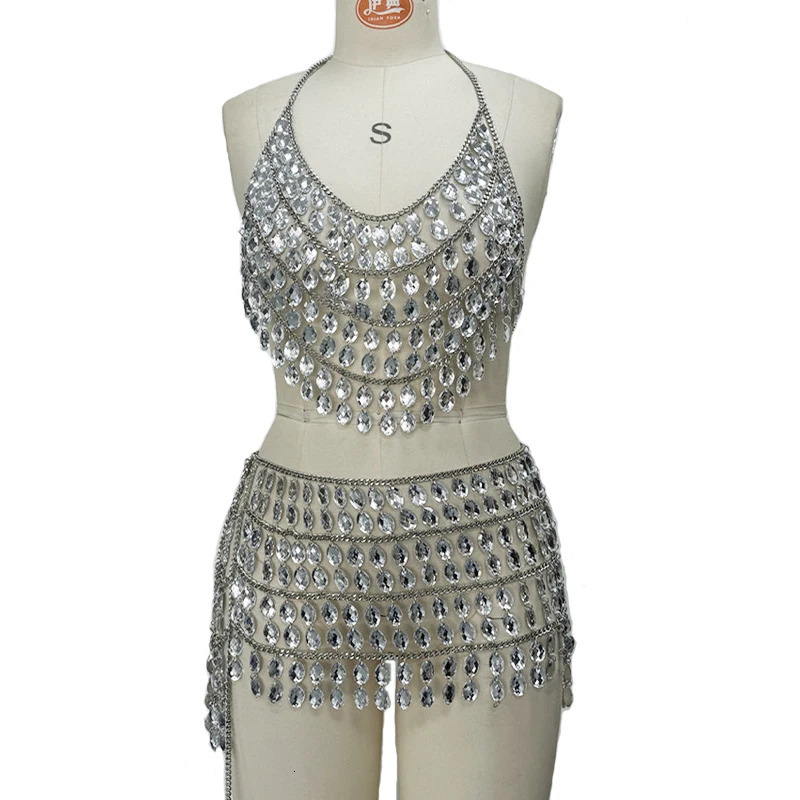 Adult Sexy Music Gem Backless Skirt Set Crystal Body Chain Women Silver Rhinestone Bra Top Waist Belly Chain 260424