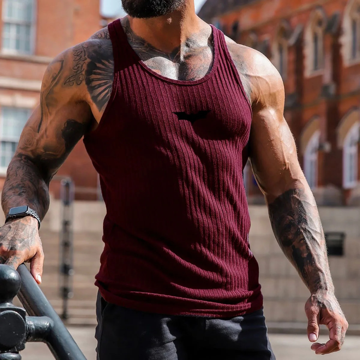 2026 Summer Men Bat Vest Plus Size Stripe Gym Tank Top Men Fitness Male Exercise Sports Vest Undershirt Bodybuilding Clothing 260427