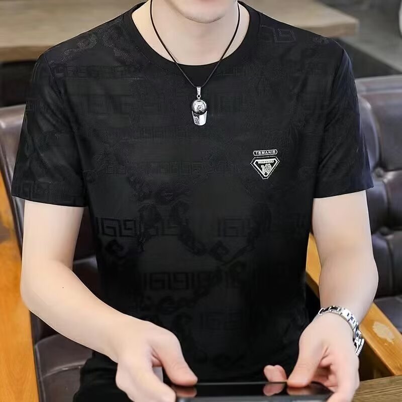 Men's Summer Ice Silk Jacquard Designer Short Sleeve T-shirt New Round Neck Half Sleeve Casual Thin Style Sports Versatile Breathable T-shirt