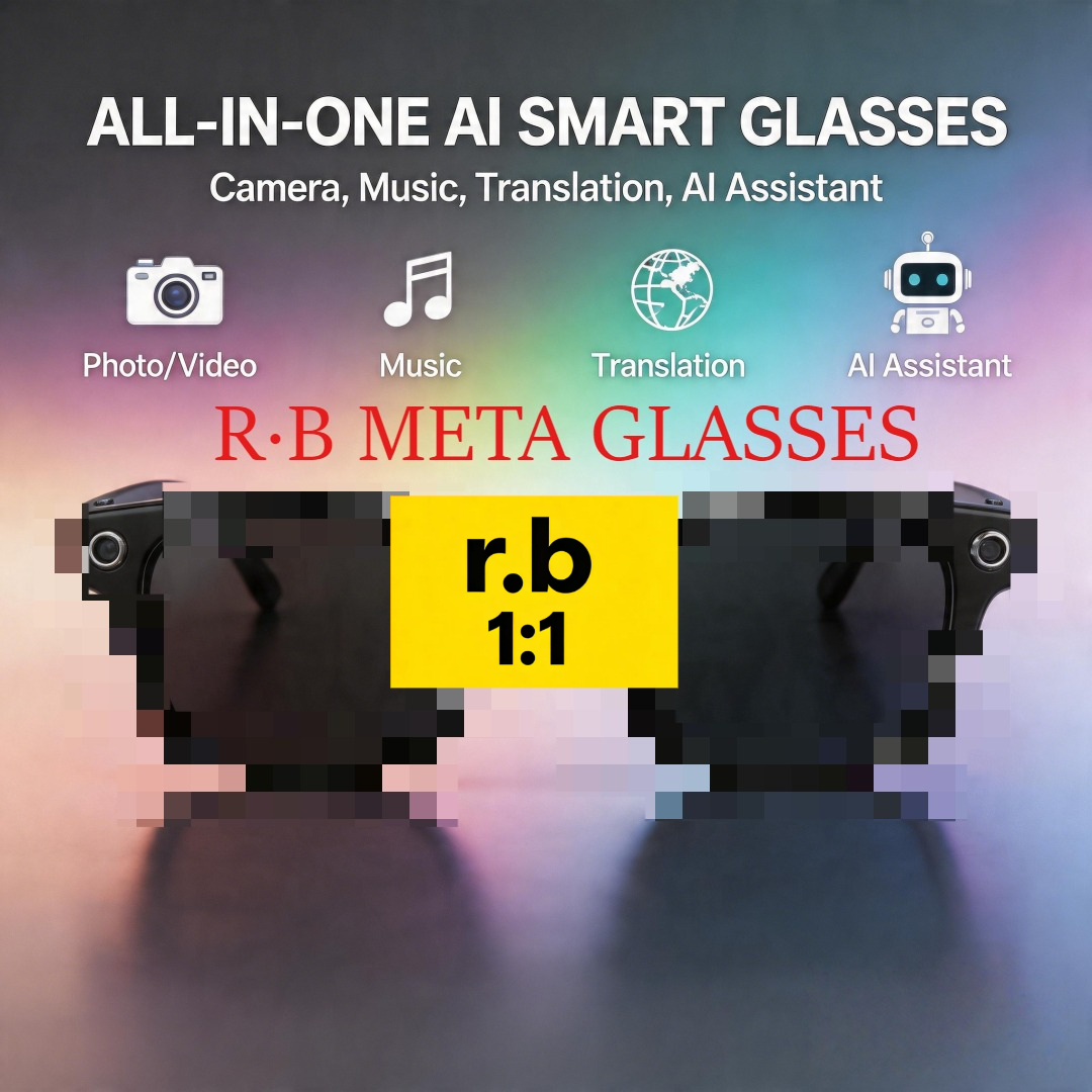 R.B 1:1 Logo META AI Smart Glasses Top Quality Sunglasses HD Camera Bluetooth Call, Anti-Shake Camera Glasses with Video Recording Dual Mic Simul