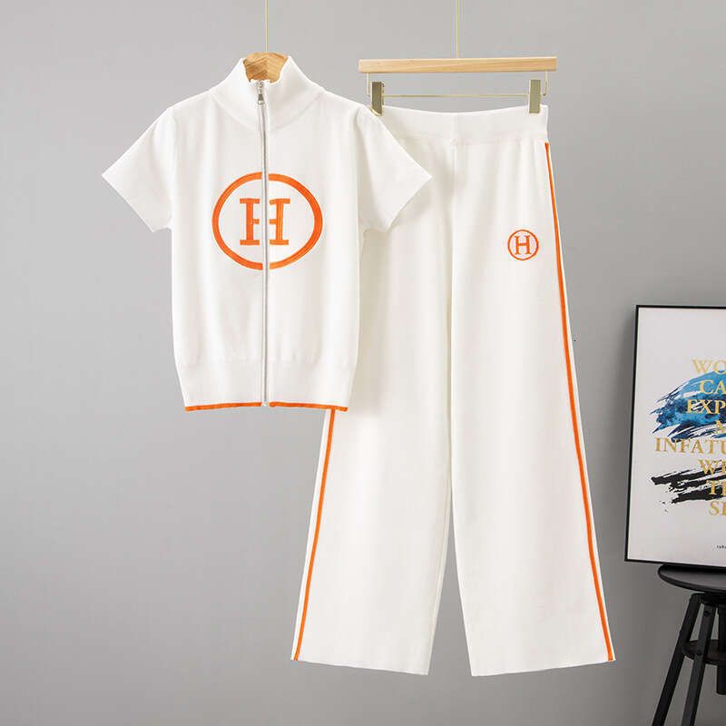 Cross-Border 2026 Summer New Women's Sports Knit Set: Loose Slimming Stand Collar Top And High-Waisted Wide-Leg Pants Two-Piece Set