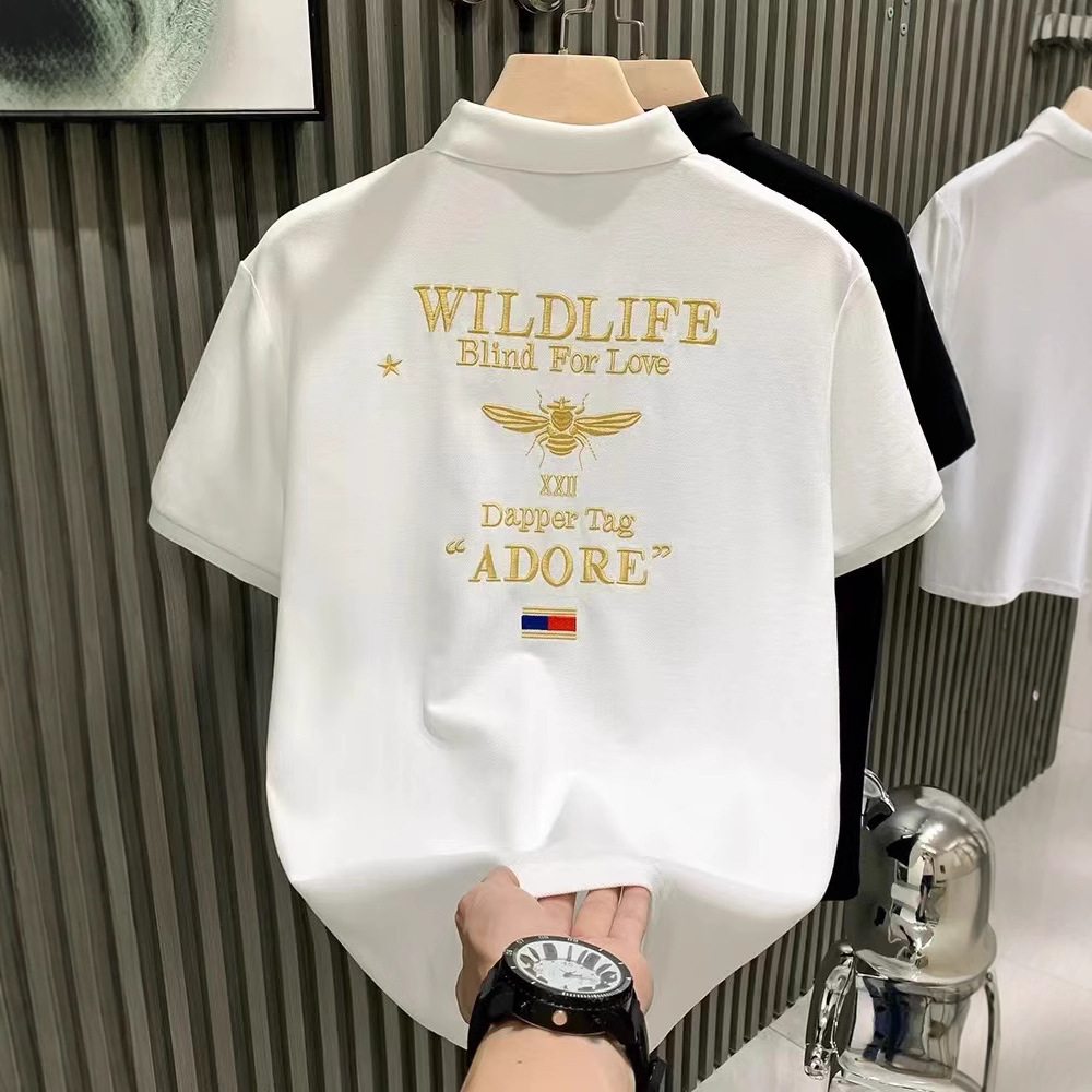 Designer Polo Shirt Mens Silky Cotton Gold Bee Embroidered Business Casual Short Sleeve Top For Summer Daily Work Fashion In Black White Plus Sizes