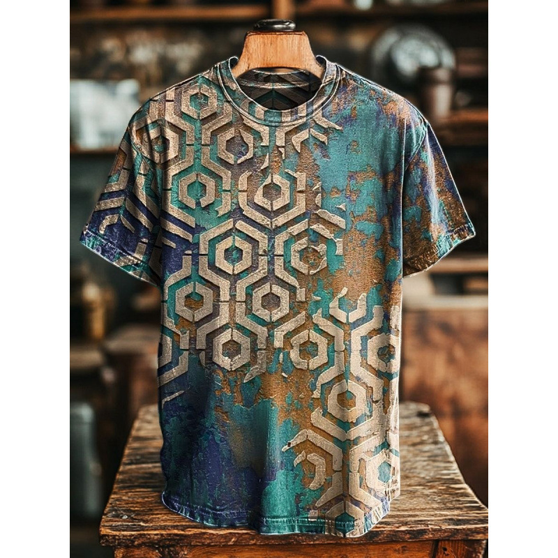 Mens Designer Vintage Baroque Print T Shirt Short Sleeve Crew Neck Streetwear Top Hip Hop Style Gold Black Pattern Casual Daily Wear
