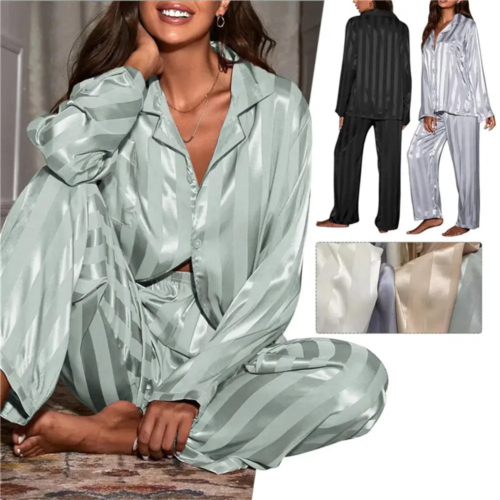 Womens Summer Striped Pajama Set Long Sleeve Top Trousers Silk Satin Home Suit Spring Loose Casual Sleepwear Female Nightwear 260427