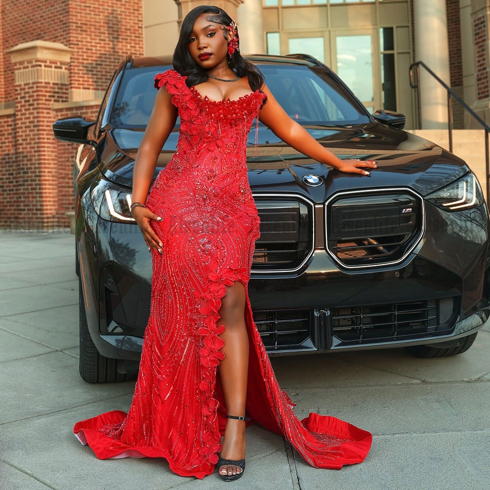 Glitter Red Prom Dresses With Train 2026 Black Girls Beading Formal Party Crystals Sequins Evening Party Gowns