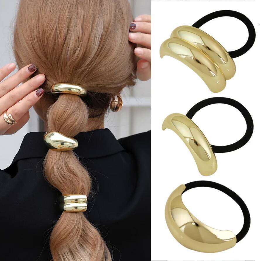 Classic Irregular Geometric Charms Ties Gold Silver Metal Ponytail Holder Hair Cuff Rope Women Girls Elastic Rubber Band