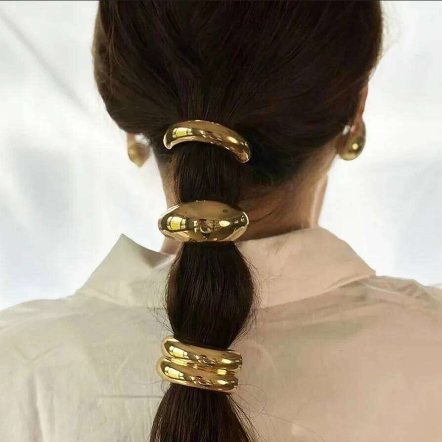 Classic Irregular Geometric Charms Ties Gold Silver Metal Ponytail Holder Hair Cuff Rope Women Girls Elastic Rubber Band