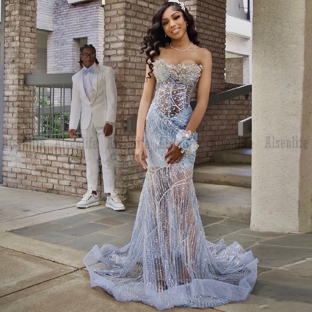 Luxury Light Blue Sequin Mermaid Prom Dress Illusion Black Girls Evening Dress Birthday Party Gowns