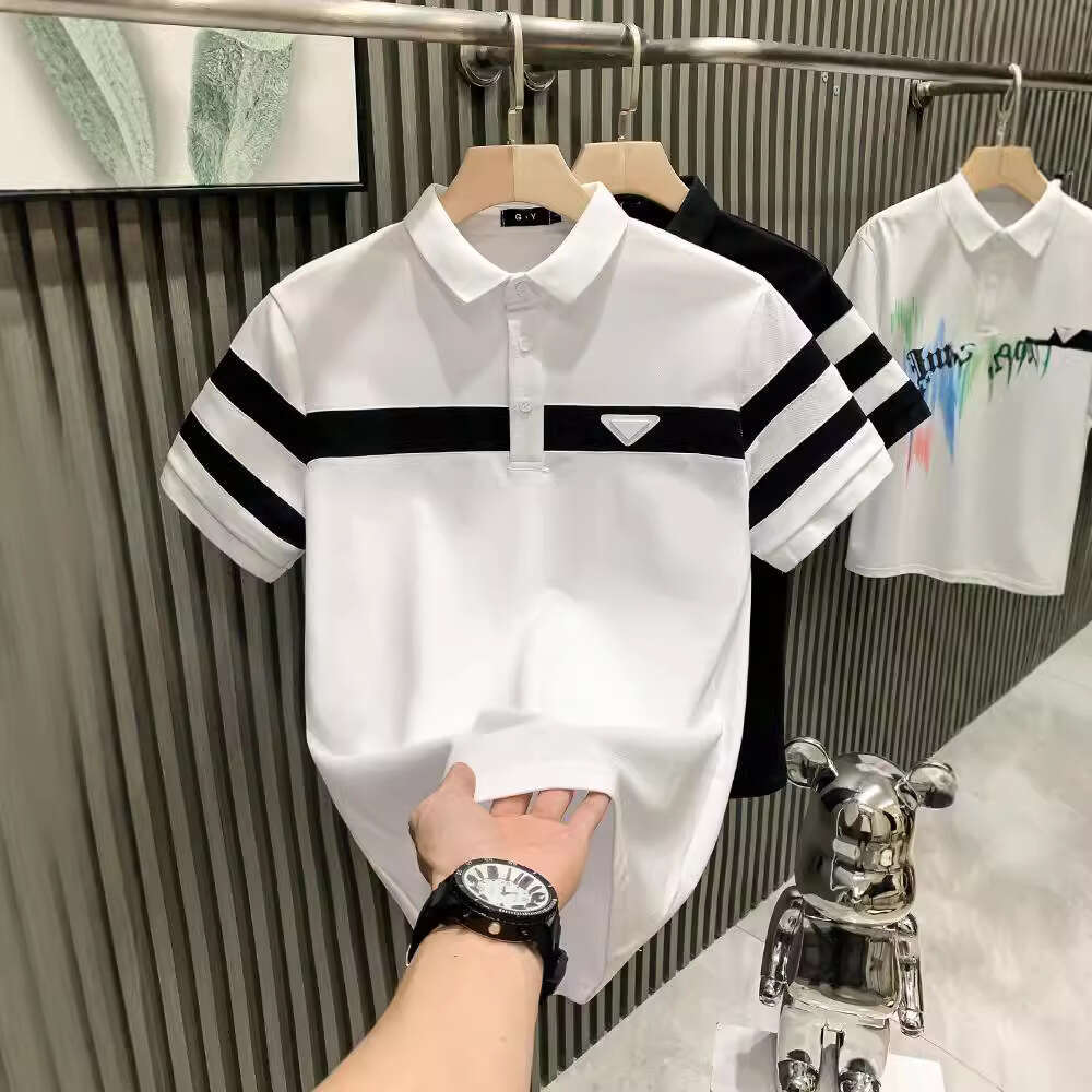 European-Style Trendy Black White Striped Turn-Down Collar Luxury Men's T-Shirt, Short-Sleeved Shirt, Fashionable And Versatile Clothing