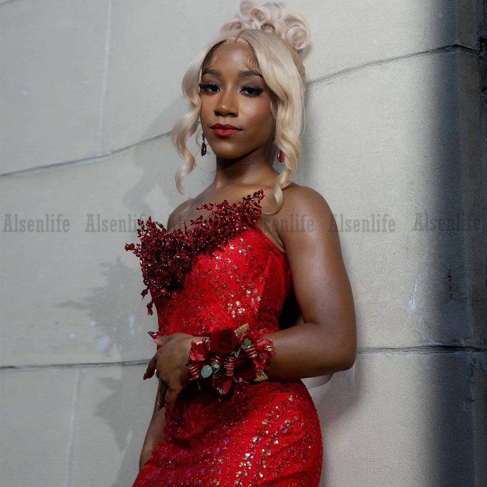 Red Prom Dresses 2026 Black Girls Mermaid Sequins Charming Party Gowns Customized Sleeveless Party Gowns Vestido De Festa