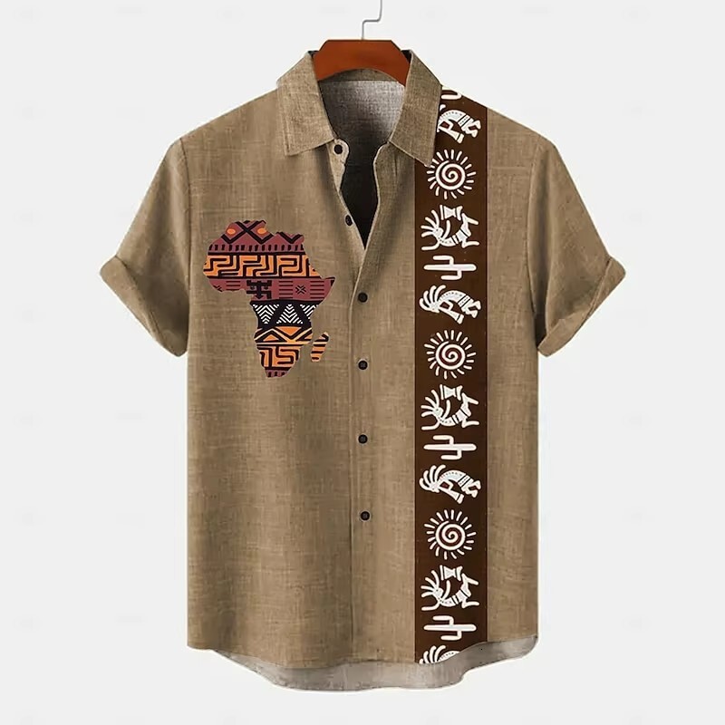 Mens Designer Tribal Print Linen Shirt Short Sleeve Casual Button Down Hawaiian Style Summer Beach Vacation Wear Plus Size