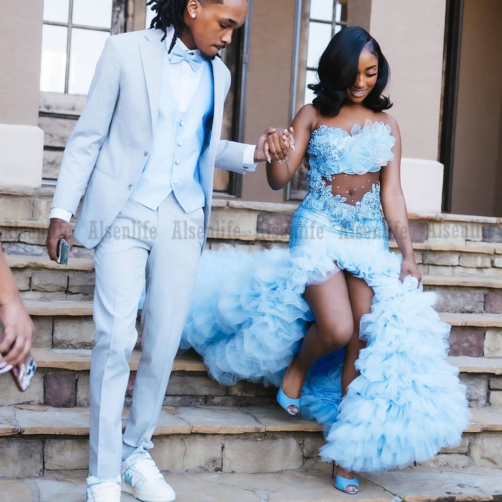 Light Blue Prom Dress 2026 Crystal Beads Black Girl Mermiad Party Outfits Matric Dance Dress