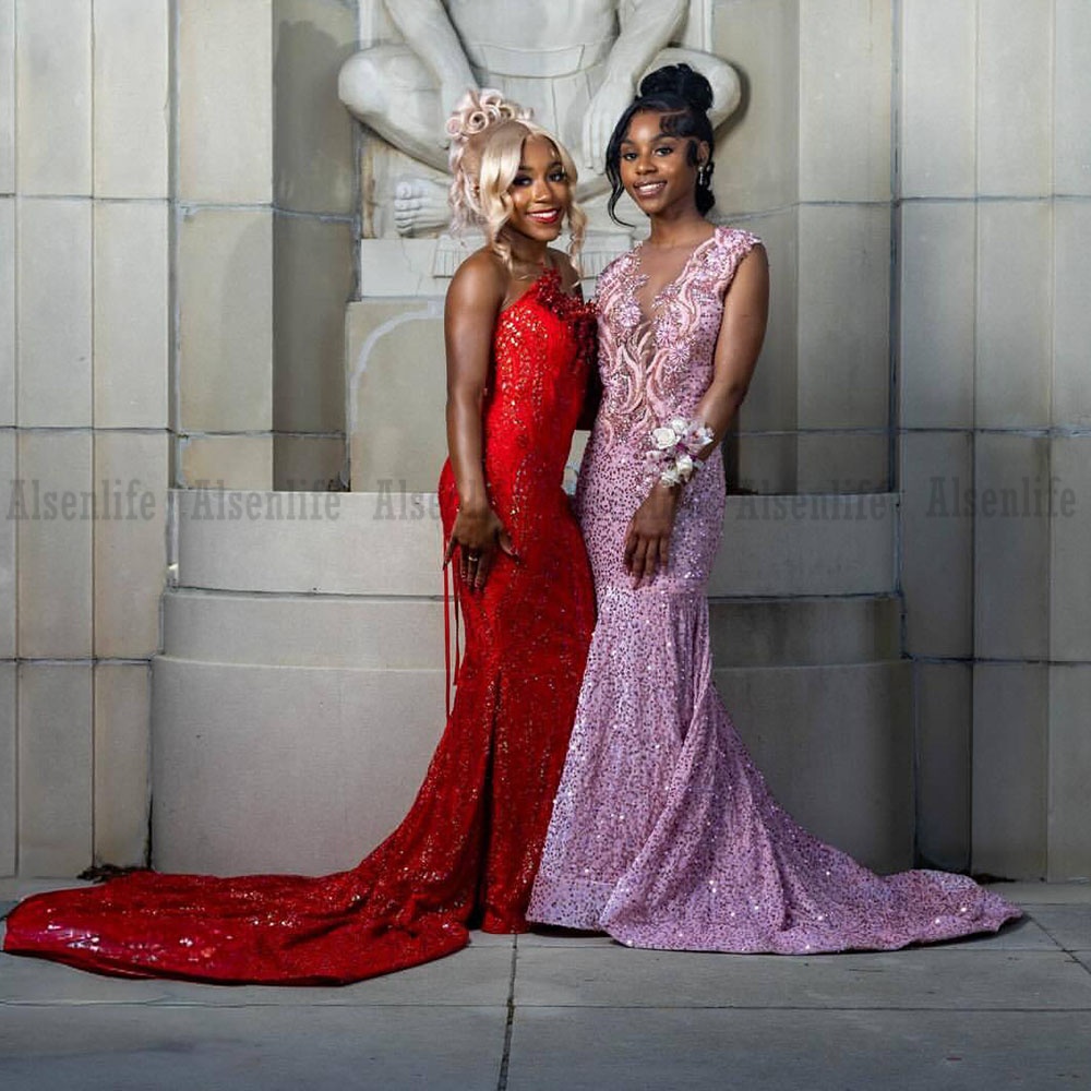 Red Prom Dresses 2026 Black Girls Mermaid Sequins Charming Party Gowns Customized Sleeveless Party Gowns Vestido De Festa