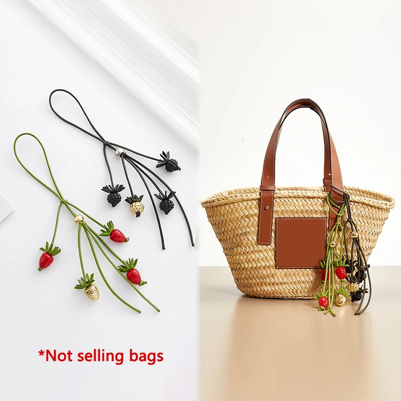 Classic Woven Straw Basket Keychain, Tomato String Bag Charm with Crystal Pillar Bone Accent, Model 5734, Tote and Car Keychains Accessory