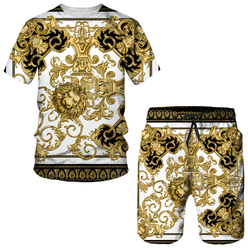 Designer Mens Baroque Lion Print 2 Piece Outfit Short Sleeve T Shirt And Shorts Set Luxury Gold White Casual Beach Vacation Wear Plus Size
