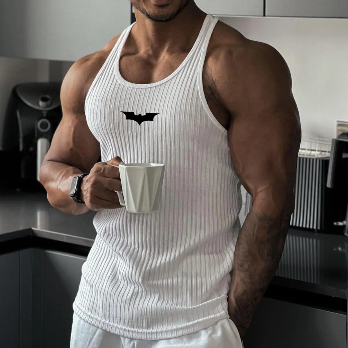 2026 Summer Men Bat Vest Plus Size Stripe Gym Tank Top Men Fitness Male Exercise Sports Vest Undershirt Bodybuilding Clothing 260427