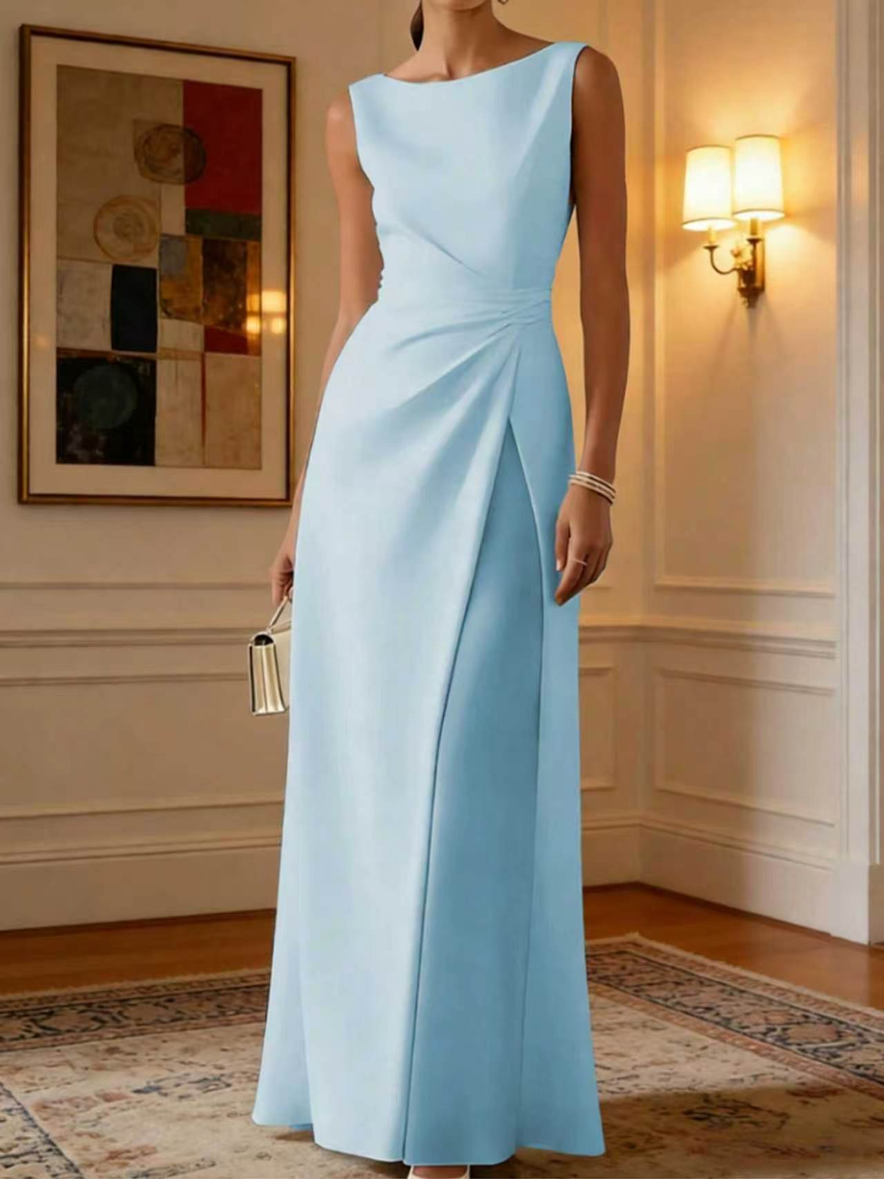 Women's Solid Light Ice Blue Midi Dress, Elegant Plain Pastel Blue Casual Dress, Soft Breathable High Waist A-line Dress
