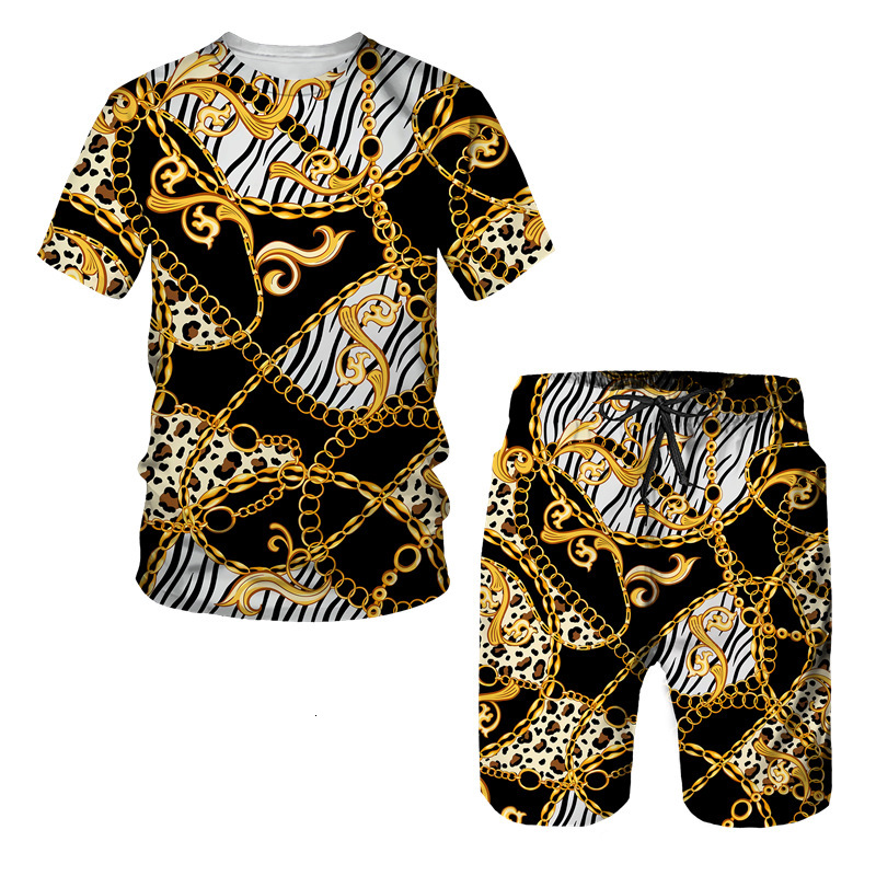 Designer Mens Baroque Lion Print 2 Piece Outfit Short Sleeve T Shirt And Shorts Set Luxury Gold White Casual Beach Vacation Wear Plus Size