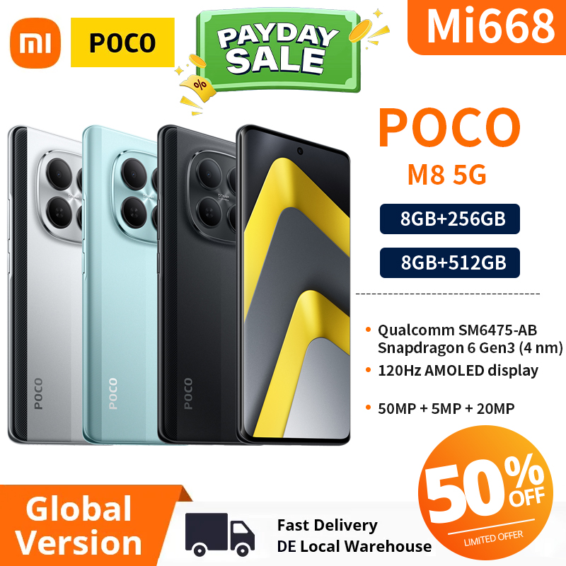 Xiaomi Smartphone POCO M8 5G 8+256GB/ 8+512GB, 6.77 Inch 120 Hz Flow AMOLED Display, Snapdragon 6 Gen 3, 50 MP AI Dual Camera, 7.35 mm Slim 3D Curved 