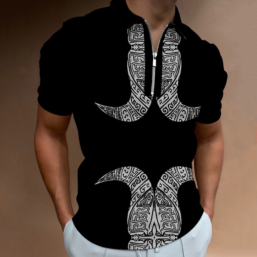 Designer Mens Luxury Baroque Print Polo Shirt Half Zip Collar Short Sleeve Black Gold Pattern Casual Business Top For Men Summer Plus Size