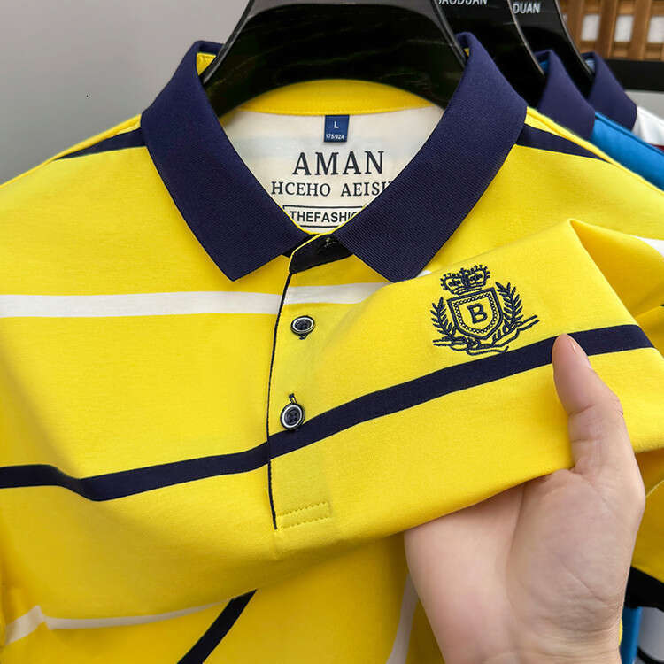 Luxury Brand Designer Clothes Live Broadcast Cross-Border Men's Short-Sleeve POLO Shirt, Fashionable Striped T-Shirt, Summer Business Sports Embr
