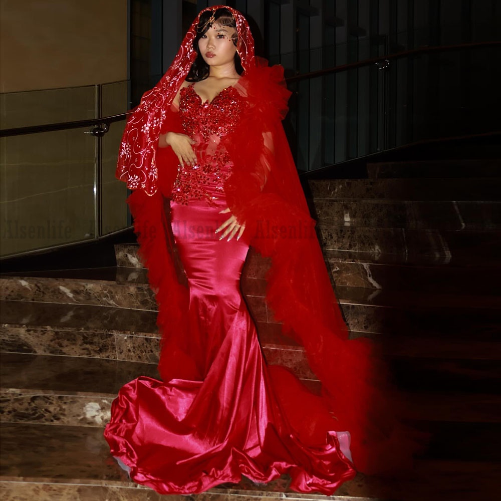 Luxury Red Prom Dresses With Veil 2026 Sequin Beading Black Girls Evening Dress Sleeveless Birthday Party Gowns