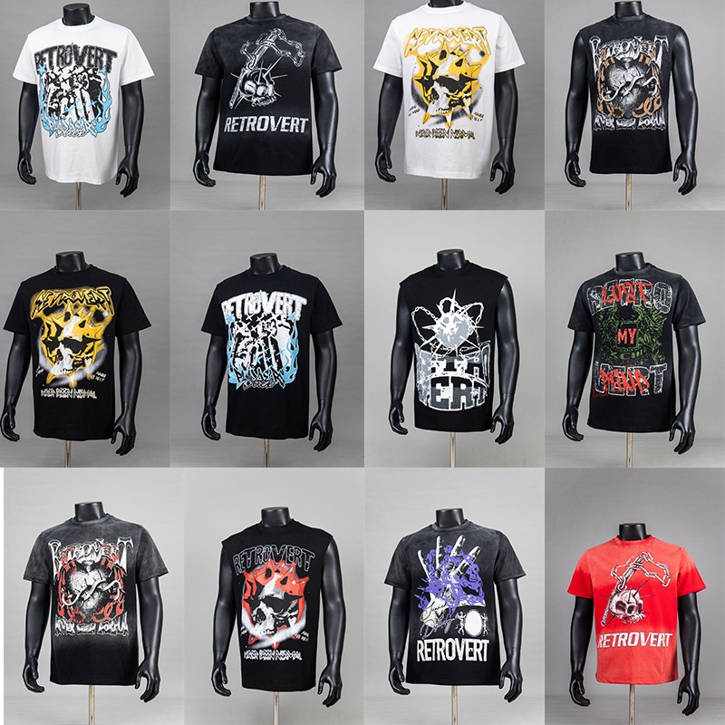 Men's T Shirts Retrovert T-Shirt Washed Distressed Graphic Tees Cotton Letter Print Dark American Sprayed Wash Loose Versatile Cotton Short Sleev