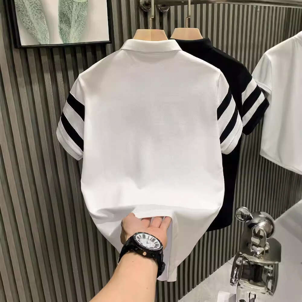 European-Style Trendy Black White Striped Turn-Down Collar Luxury Men's T-Shirt, Short-Sleeved Shirt, Fashionable And Versatile Clothing