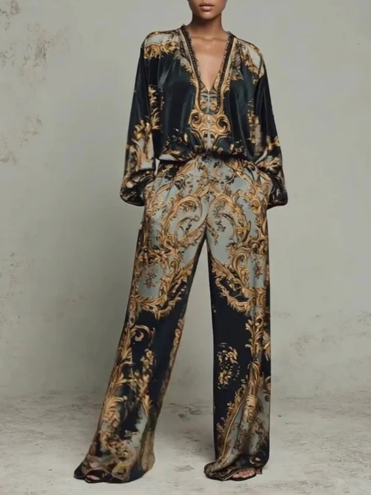 Retro Pattern Printed 2 Pieces Set for Woman Sexy Deep V Neck Top Blouses Elegant Outfit 2026 Spring Fall Wide Leg Trousers Suit 260427