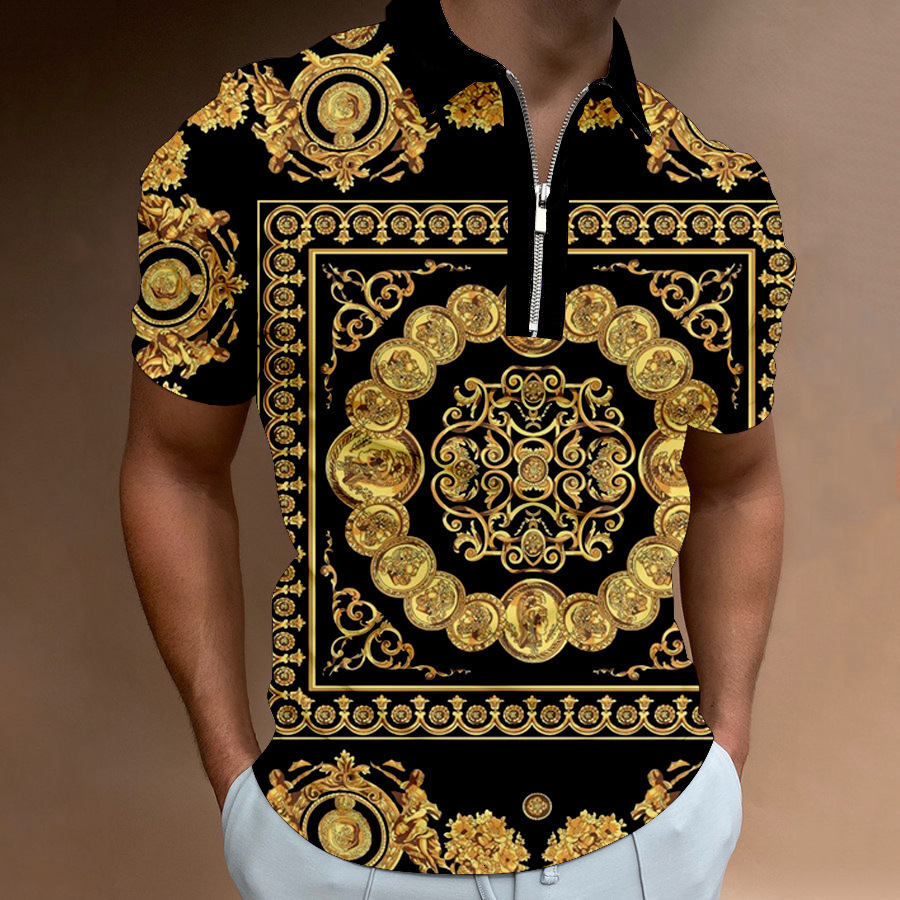 Designer Mens Luxury Baroque Print Polo Shirt Half Zip Collar Short Sleeve Black Gold Pattern Casual Business Top For Men Summer Plus Size