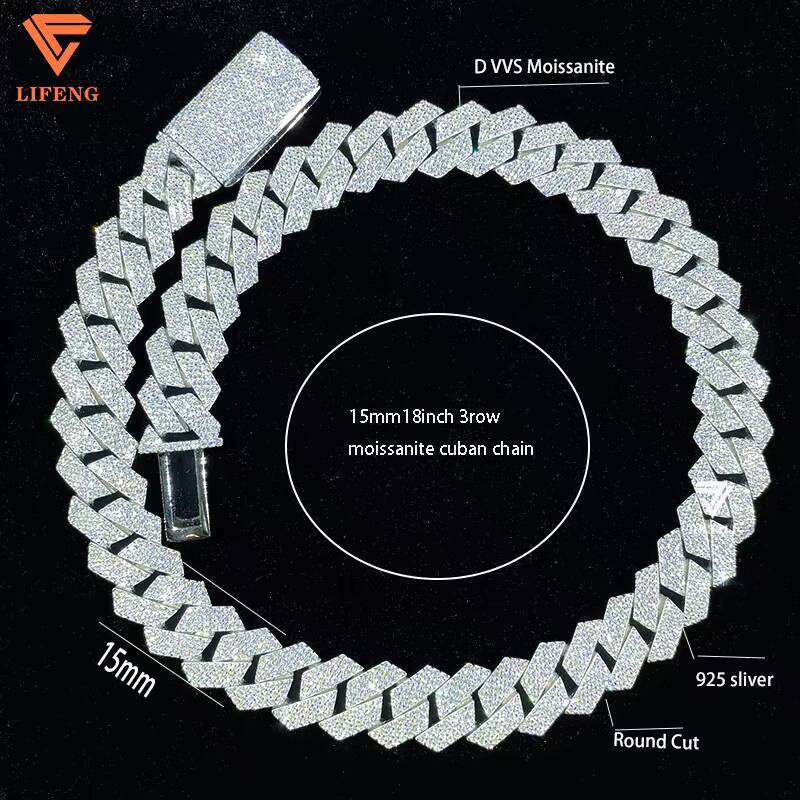 New 15mm 18inch VVS Moissanite Diamond Necklace 925 Sterling Silver Cuban Link Chain Miami Hip Hop Style Jewelry for Women