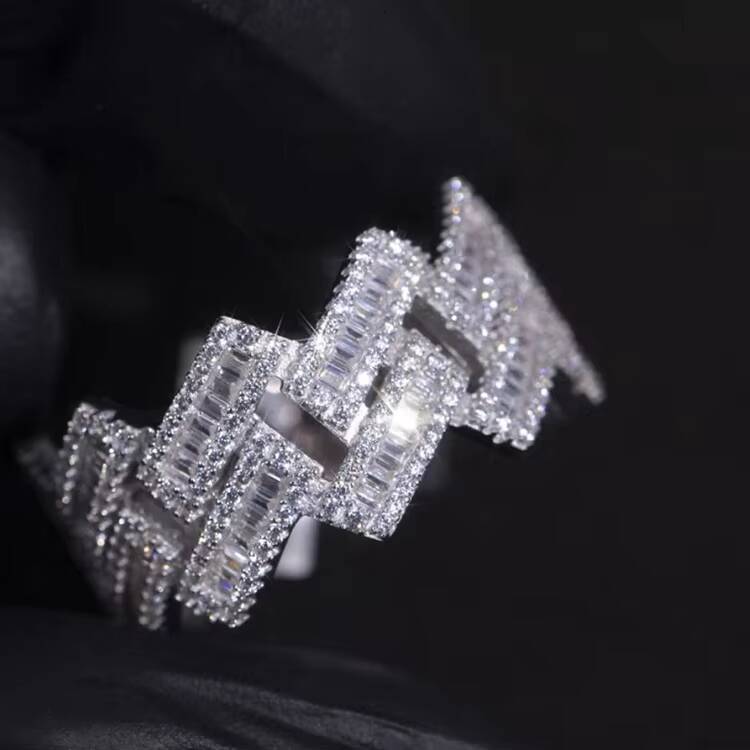 Hip Hop Men Women Fine Jewelry Iced Out Gold Plated 925 Sterling Silver VVS Baguette Moissanite Diamond Cuban Link Ring