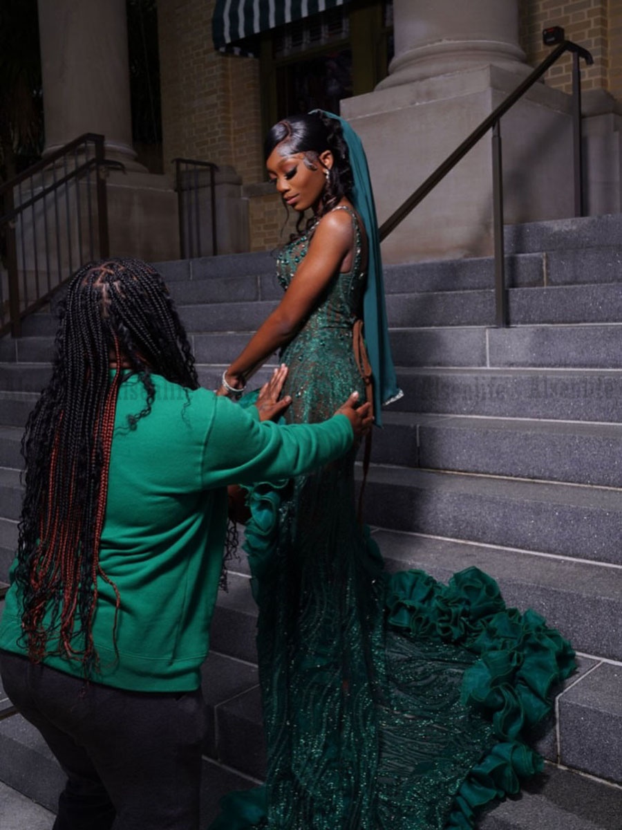 Dark Green Mermaid Prom Dresses For Special Occasions Ruffles Slit Birthday Party Dress Diamonds Bead Graduation Gown