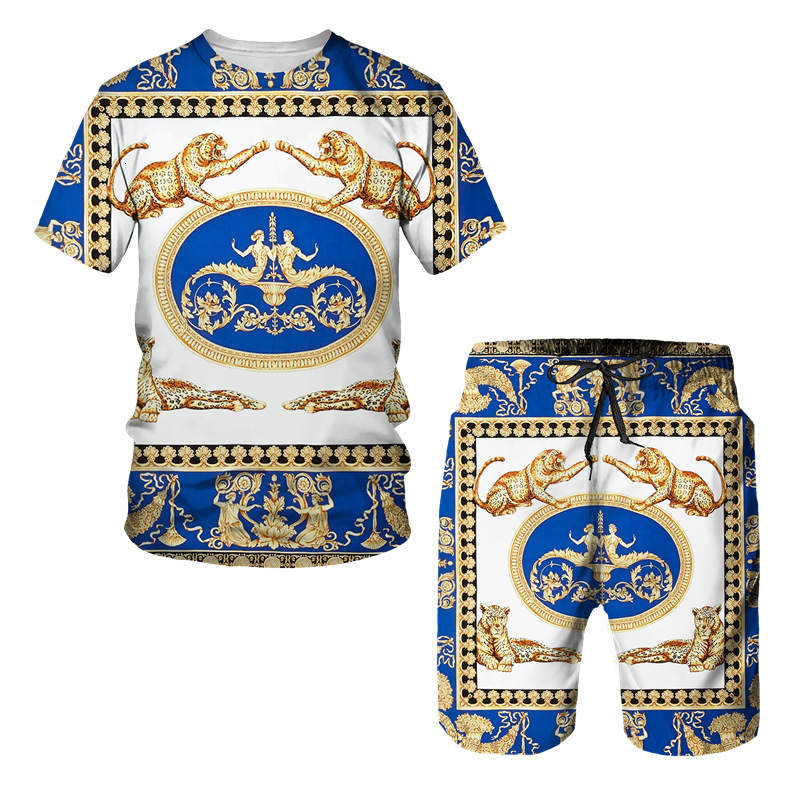 Designer Mens Baroque Lion Print 2 Piece Outfit Short Sleeve T Shirt And Shorts Set Luxury Gold White Casual Beach Vacation Wear Plus Size