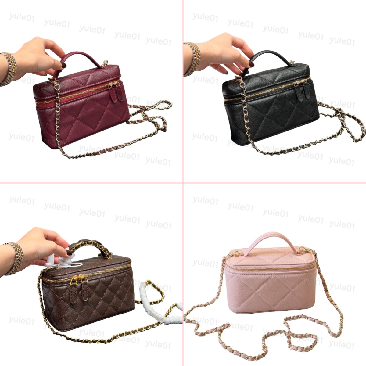 Designer Women Quilted Caviar Leather Vanity Bag Mini Cosmetic Makeup Case Crossbody Shoulder Purse with Chain Strap Top Handle for Daily Travel