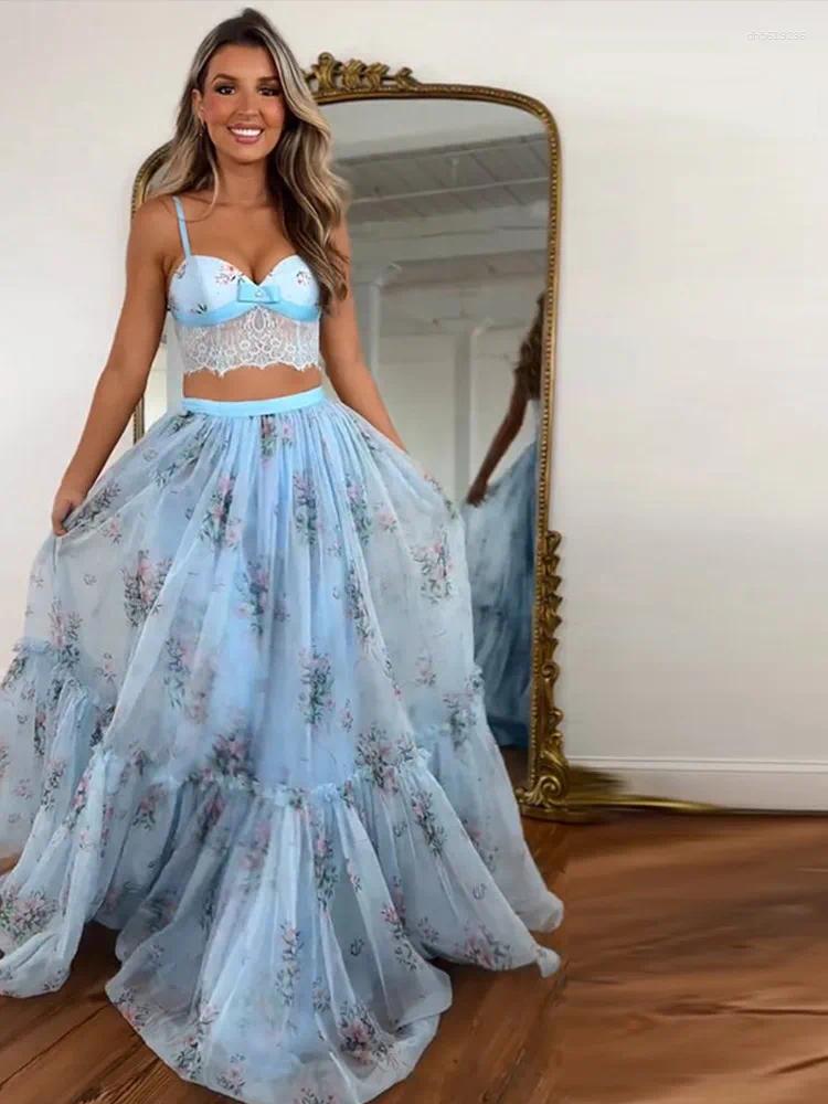 Work Dresses Floral Lace Patchwork Skirts Suits Women Slim Sleeveless Tank Top Waist-cinching Skirt Lady Spring Summer Outwear