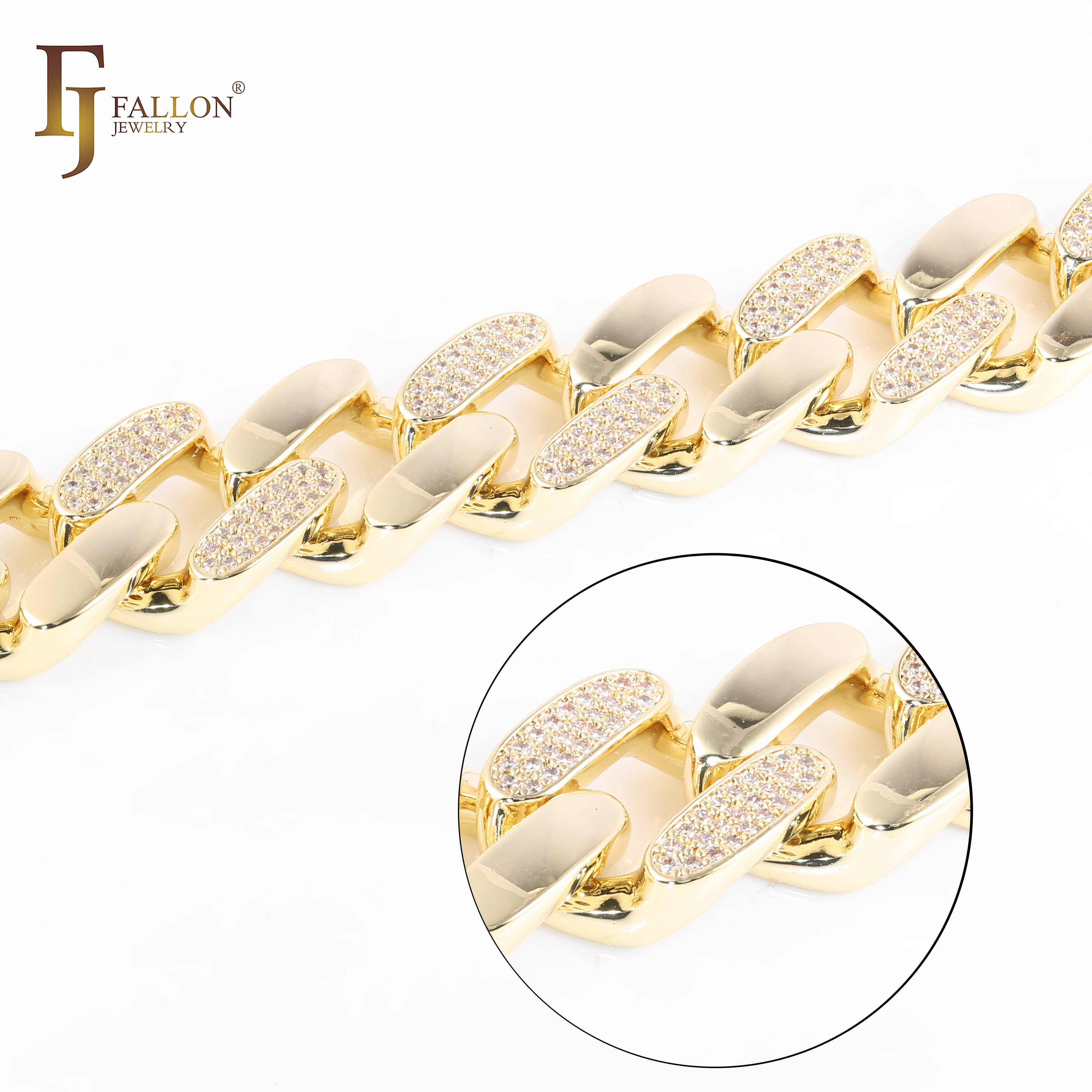 FJ Fallon Hoollow Retro Style Monaco Cuba Bracelet Chains 14K Gold Plated Brass Main Zircon Hip Hop Split