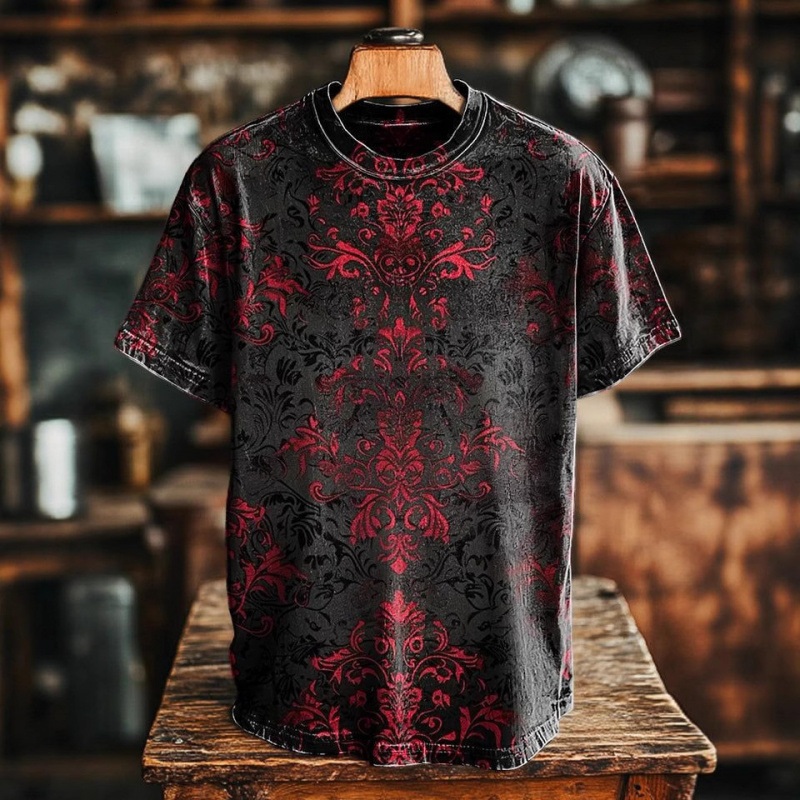 Mens Designer Vintage Baroque Print T Shirt Short Sleeve Crew Neck Streetwear Top Hip Hop Style Gold Black Pattern Casual Daily Wear