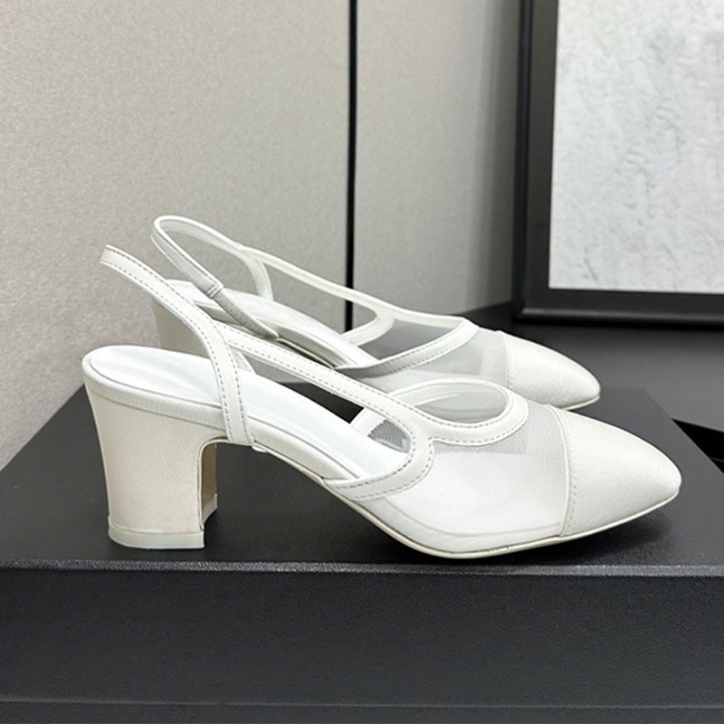 Feminine Luxurious White Mesh Slingback Pumps Chunky Heel Timeless Pointed Toe Design Suitable Ideal Bridal Occasions Business Casual Outings