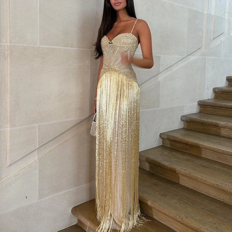 Women Elegant High Waist Slim Fit Tassel Long Dress Fashion Draped Solid Long Dress Sexy Off Shoulder Sleeveless Suspender Dress 260427 - view 4