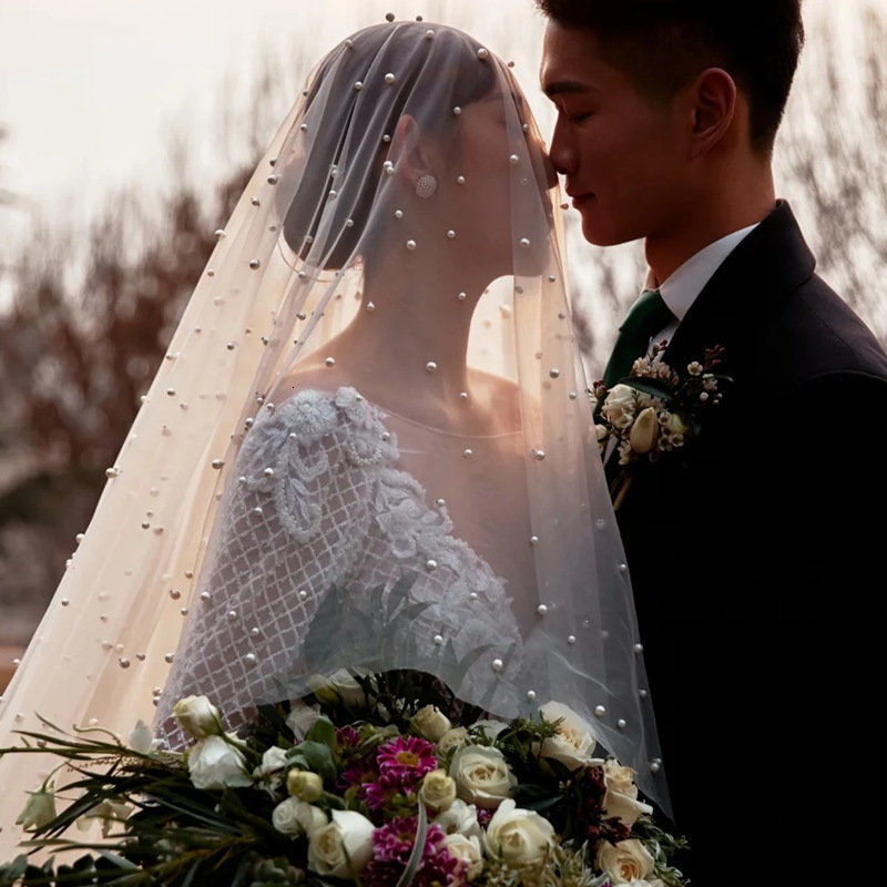 TOPQUEEN V05 Pearls Wedding Veils With Comb 100 Handmade Beaded Wedding Accessories Cathedral Wedding Veil Elegant 260228