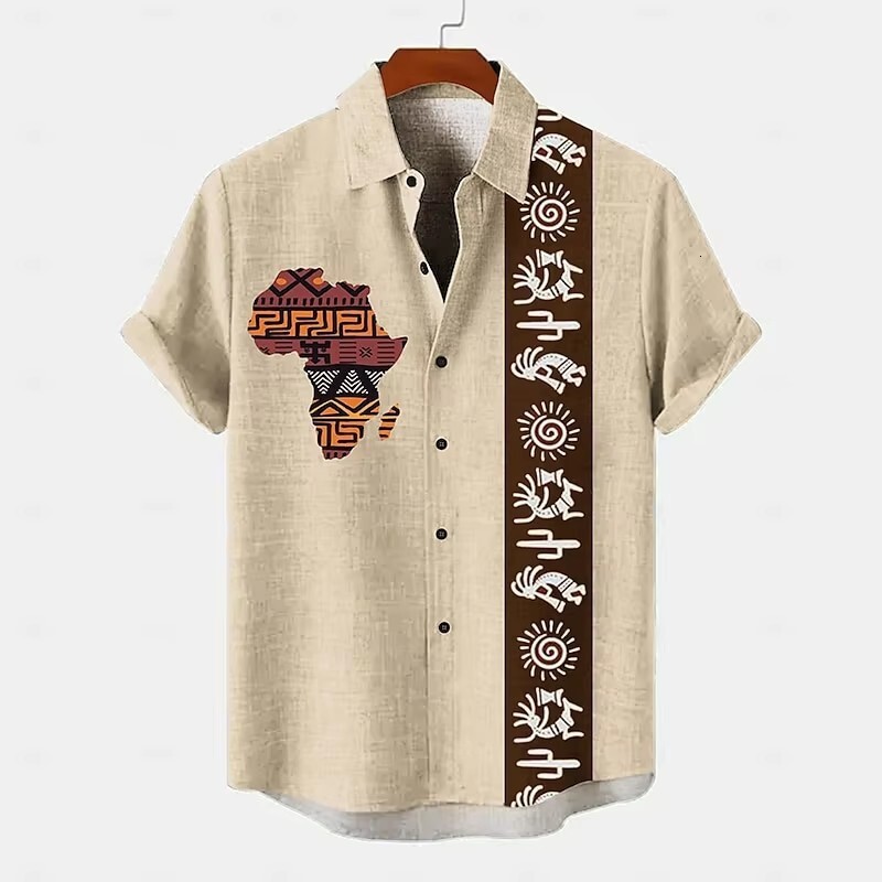 Mens Designer Tribal Print Linen Shirt Short Sleeve Casual Button Down Hawaiian Style Summer Beach Vacation Wear Plus Size