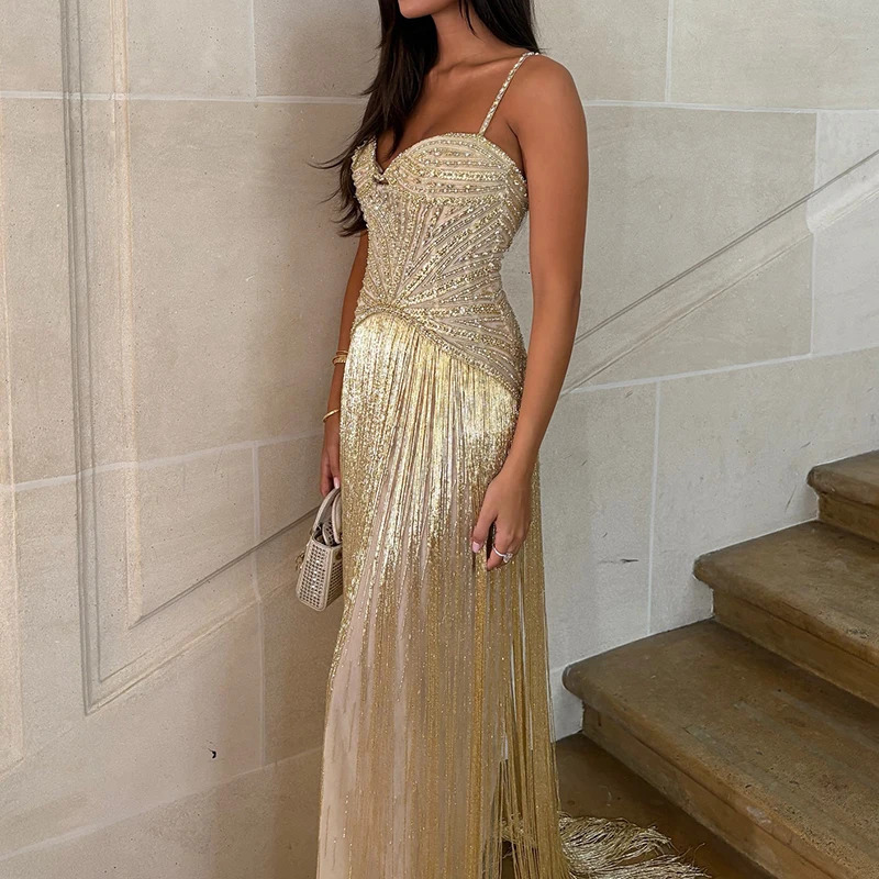 Women Elegant High Waist Slim Fit Tassel Long Dress Fashion Draped Solid Long Dress Sexy Off Shoulder Sleeveless Suspender Dress 260427 - view 3