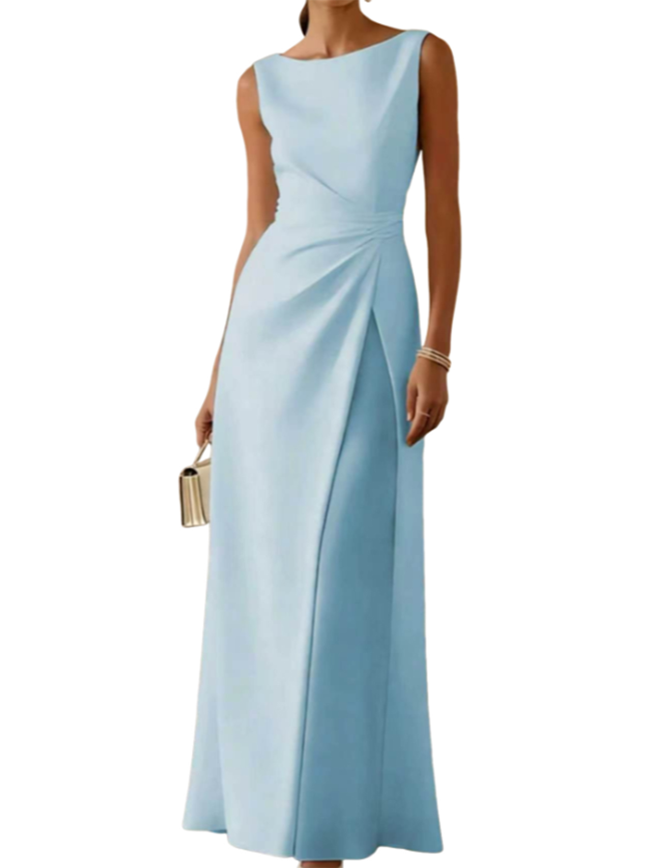 Women's Solid Light Ice Blue Midi Dress, Elegant Plain Pastel Blue Casual Dress, Soft Breathable High Waist A-line Dress