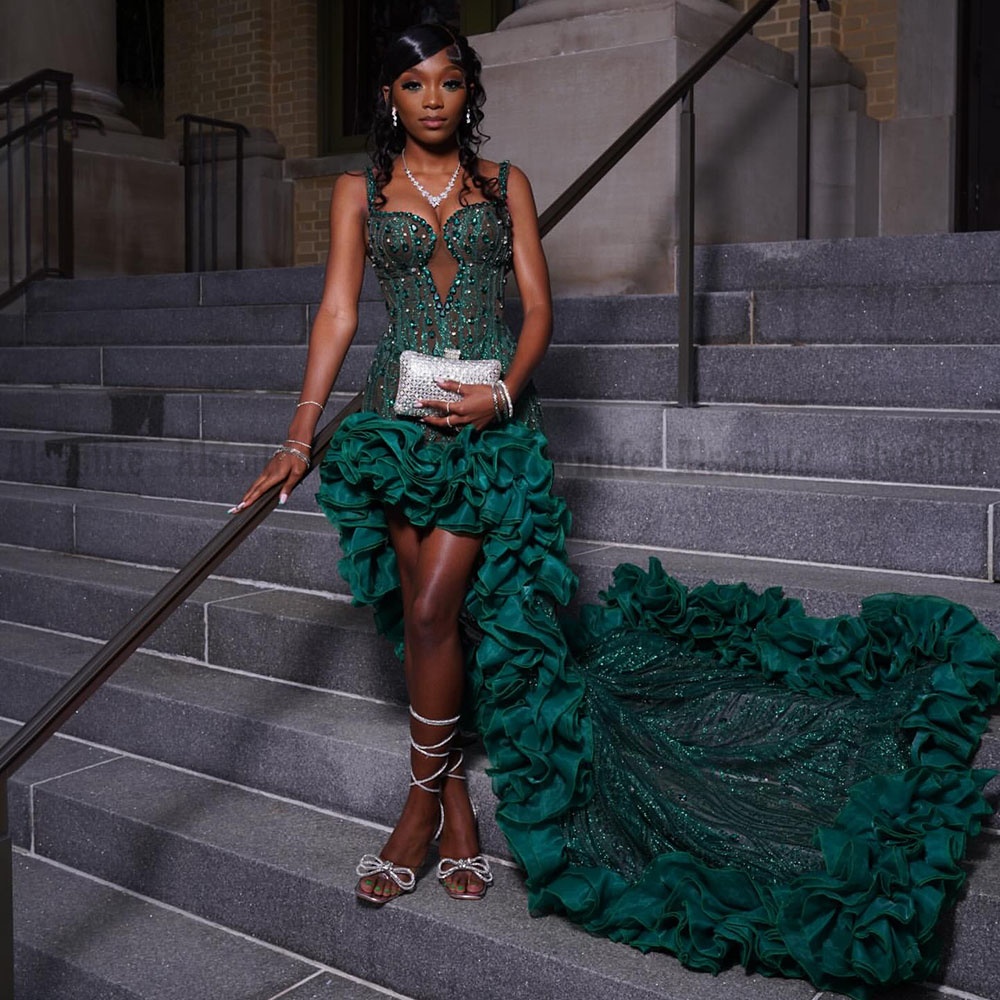 Dark Green Mermaid Prom Dresses For Special Occasions Ruffles Slit Birthday Party Dress Diamonds Bead Graduation Gown