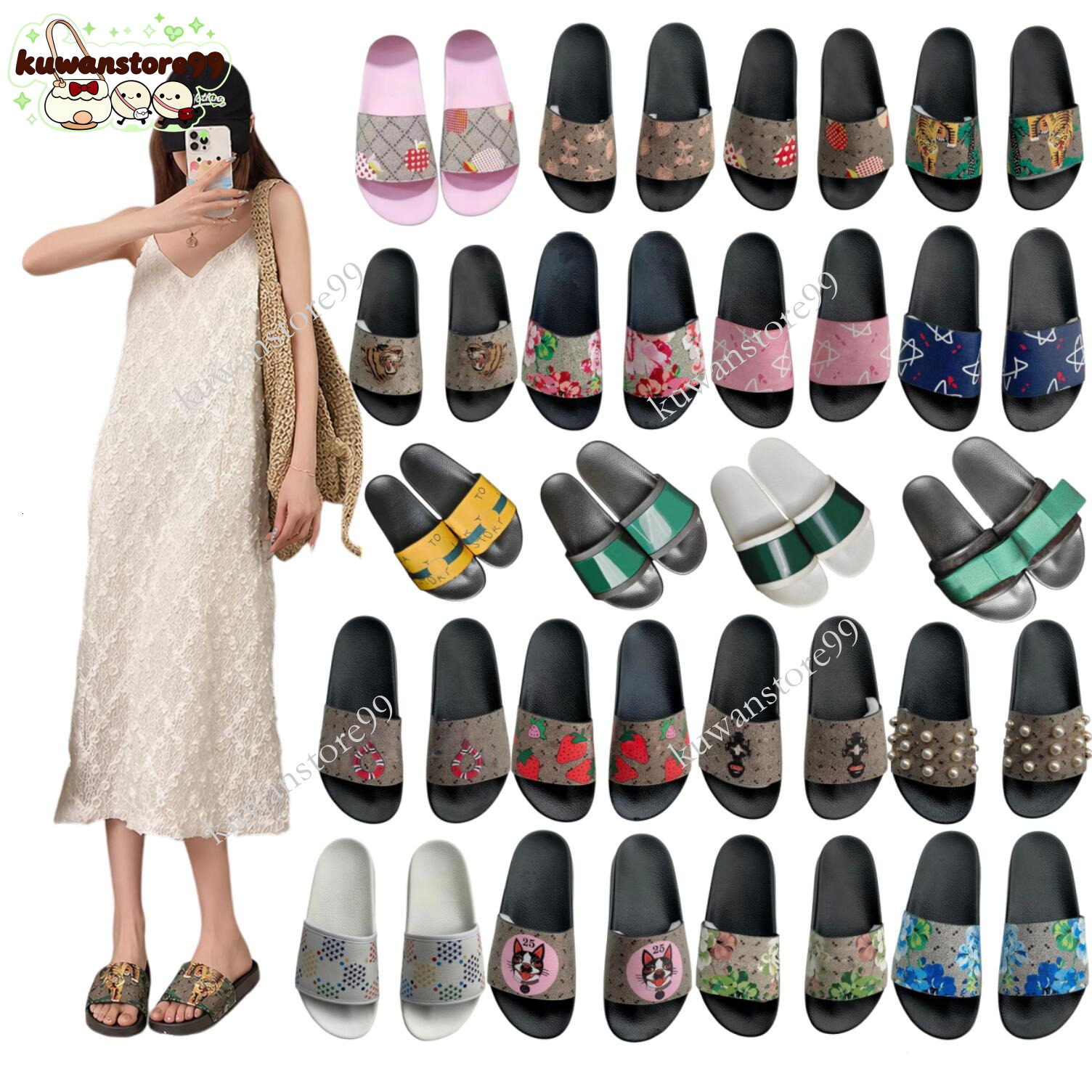 2026 High Quality Designer Summer Luxury Brand Guccllity Women's GGb Crystal Open Toe Flat Slide Sandals Designer Fashion Beach Casual Vacation Shoes