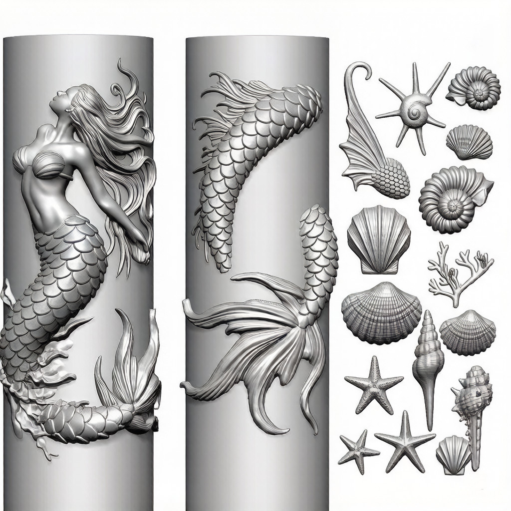 Mermaid & Ocean Elements Silicone Nail Art Mold 3D Embossed Mermaid Tail Seashell Starfish Coral UV Gel Polish Stamping Mold for DIY Nail Art