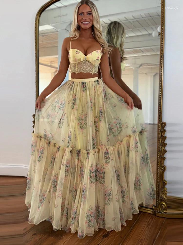 Work Dresses Floral Lace Patchwork Skirts Suits Women Slim Sleeveless Tank Top Waist-cinching Skirt Lady Spring Summer Outwear