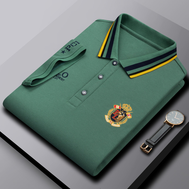 Men's Mint Green Polo Shirt With Color Striped Collar And Royal Crest Embroidery Soft Pique Cotton Short Sleeve Casual Top For Summer Office And 