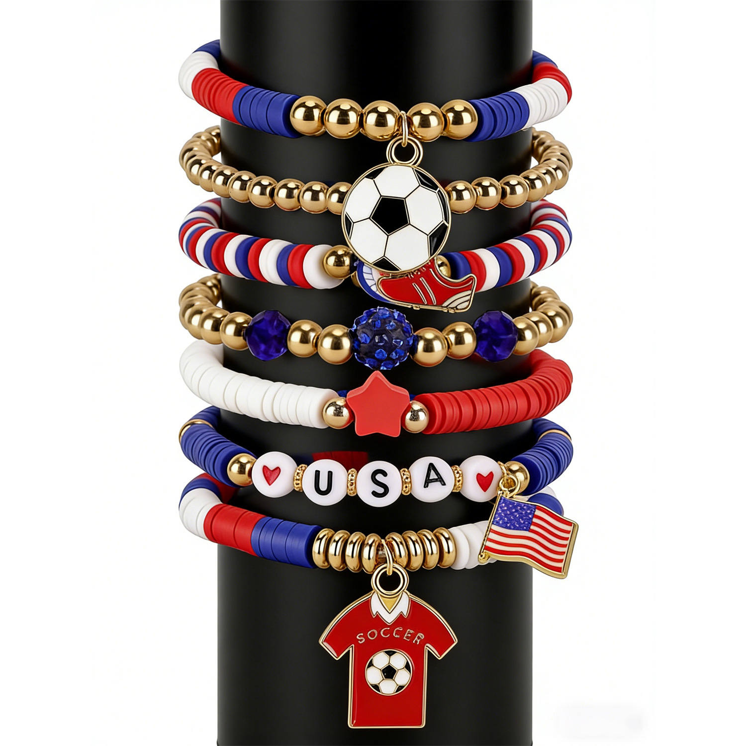 USA 2026 World Cup Soccer Fans Bracelet Set | 8Pcs Stackable Clay Beaded Wristband with Football & American Flag Charms